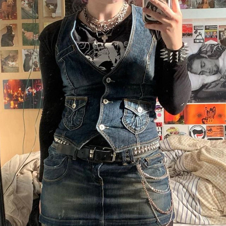 Women's denim bustier jacket with nostalgic lace insert and decorative button details Lune London