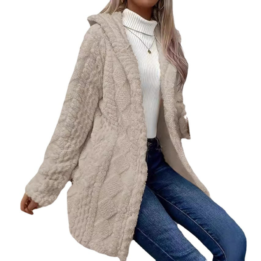 Women Plush Hooded Jacket with Decorative Button Details Lune London