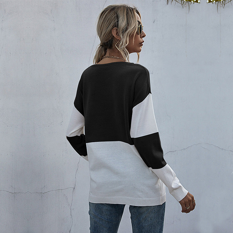 Casual knit sweater for women with V-neck and geometric pattern Lune London