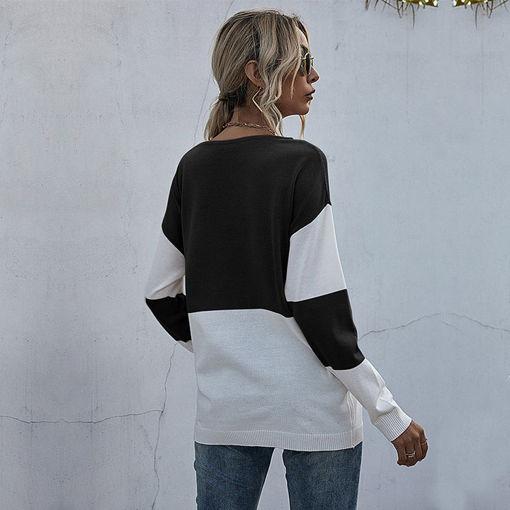Casual knit sweater for women with V-neck and geometric pattern Lune London