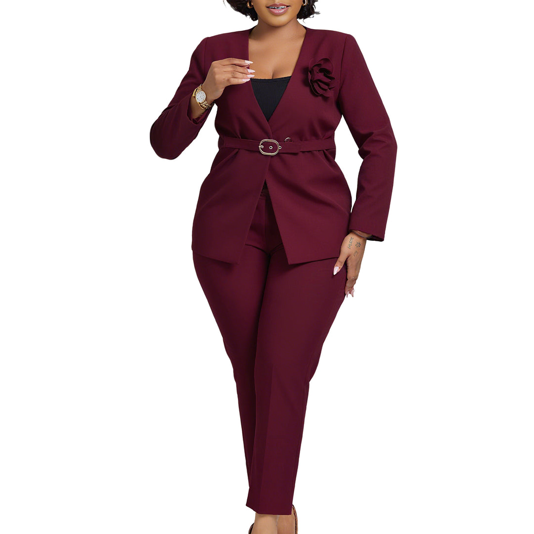 Lune London elegant blazer and pant set for women with belt and floral applique