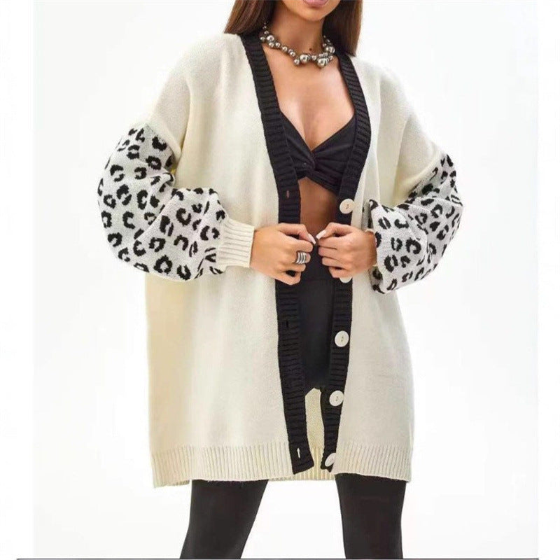 Women chunky knit cardigan with leopard pattern and button details Lune London