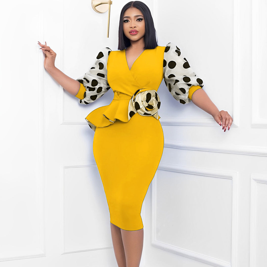 Wrap dress for women with transparent puff sleeves and a fitted ruched design Lune London