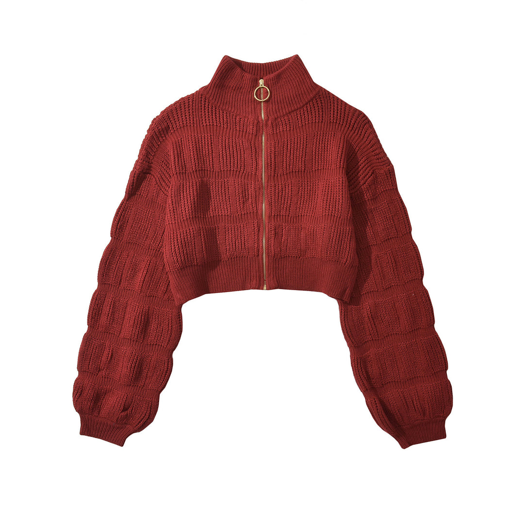 Cropped knitted jacket for ladies with decorative zipper and voluminous sleeves Lune London