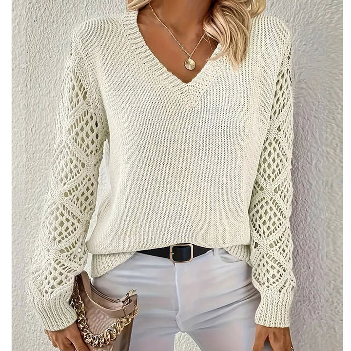 Pull en tricot pour femmes avec un motif de trous sophistiqué et un col en V Chic & Stil