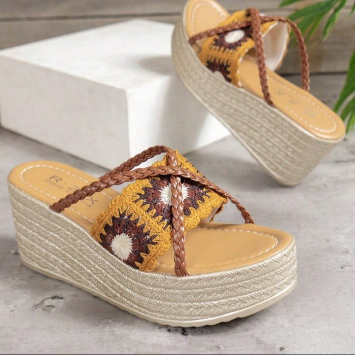 Trendy wedge sandals for ladies with a braided strap and a comfortable footbed Lune London