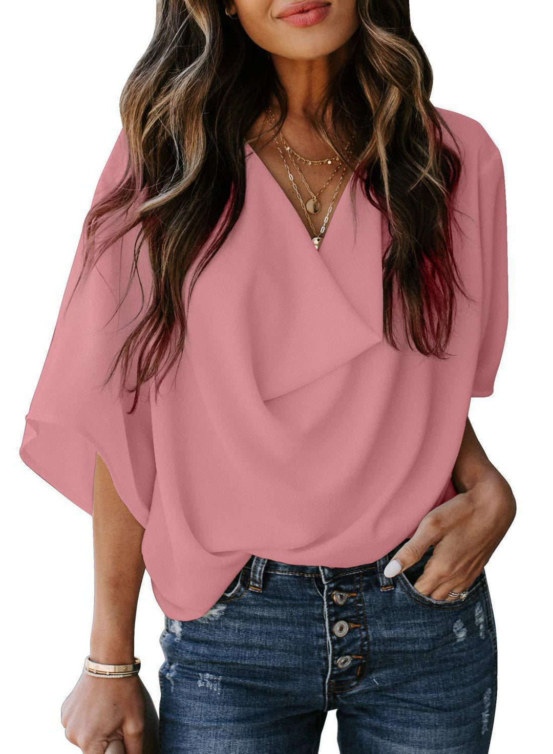 Elegant blouse for women with draped V-neck and loose sleeves Lune London