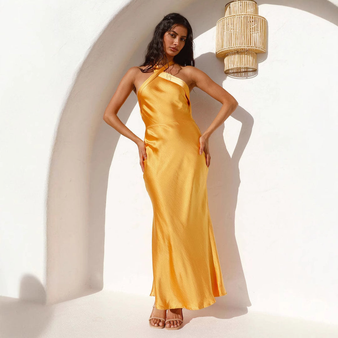 Long satin evening dress for women with asymmetrical cut and refined strap details Chic & Stil