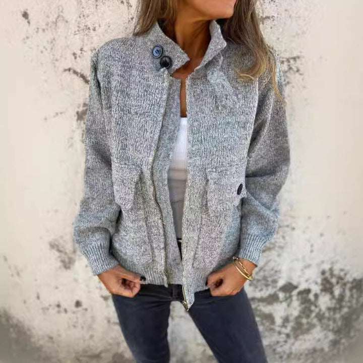 Women's soft cardigan with thermal insulating collar and patch pockets Lune London