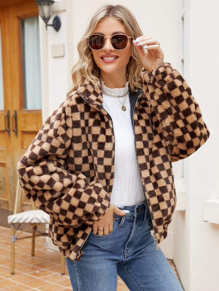 Fleece jacket for women with a modern checked pattern and high collar Lune London