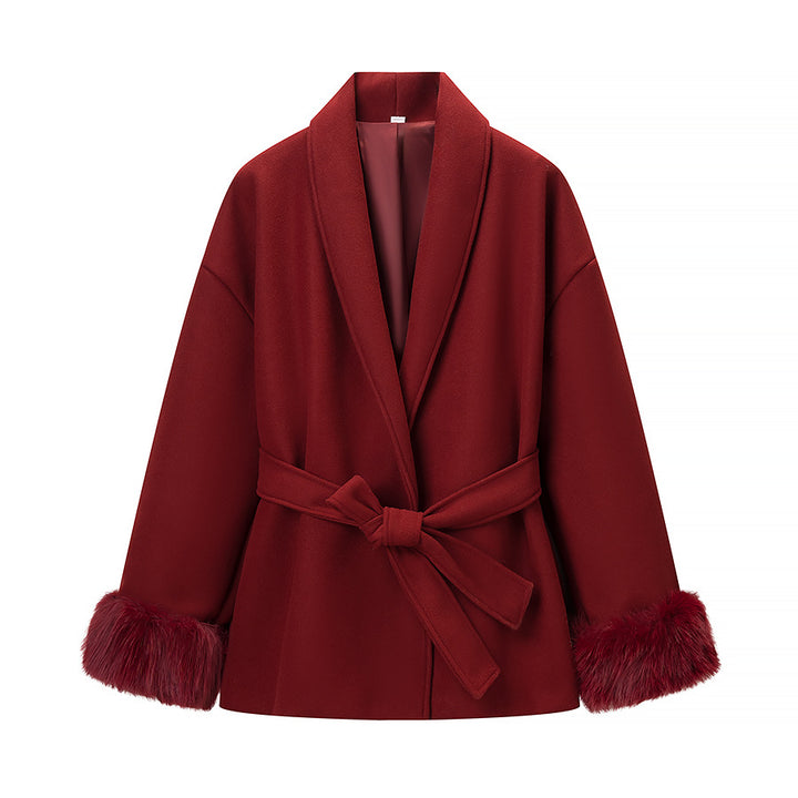 Veste féminine à la mode avec col doux doublé et ceinture à nouer Chic & Stil