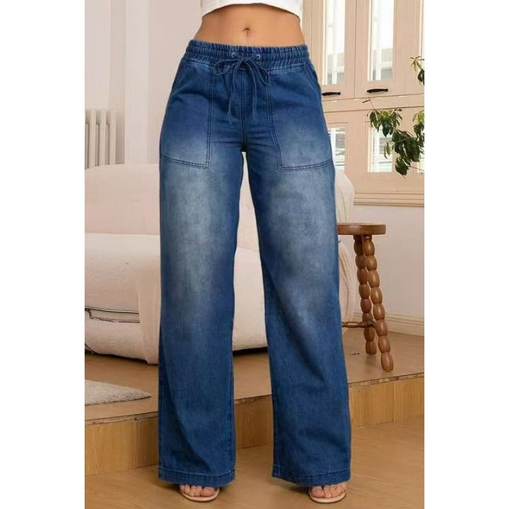 Wide denim pants for women with an elastic waistband and side pockets Lune London
