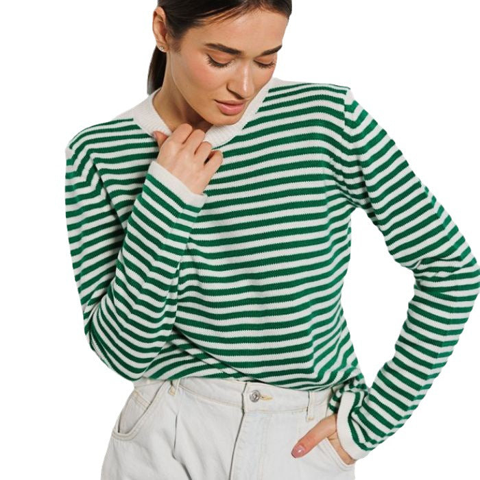 Pull long à manches longues portable pour femmes en mélange de coton doux avec motif rayé Chic & Stil