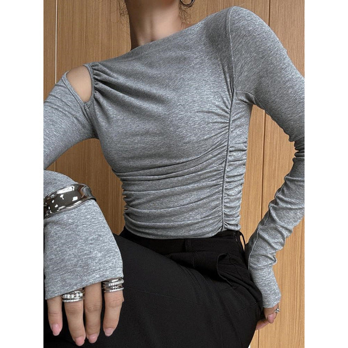 Women's asymmetrical long sleeve shirt with gathering on the side
