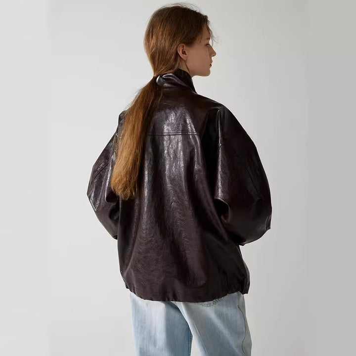 Veste en cuir surdimensionnée tendance pour femme avec col montant et fermeture par bouton-pression Chic & Stil