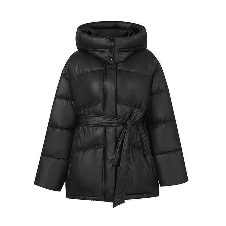 Quilted winter coat fashion for women with belt and hood Lune London