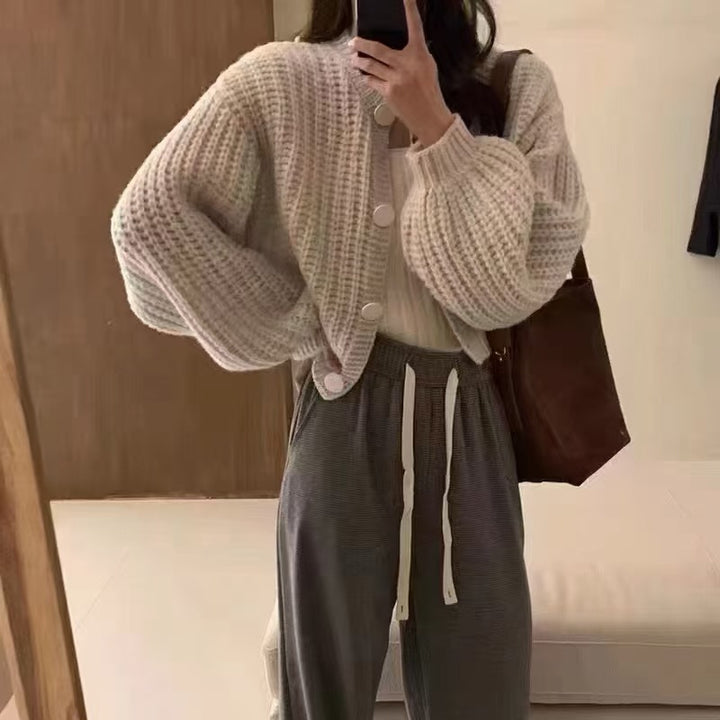 Thick knit jacket for women with oversized sleeves and button details Lune London