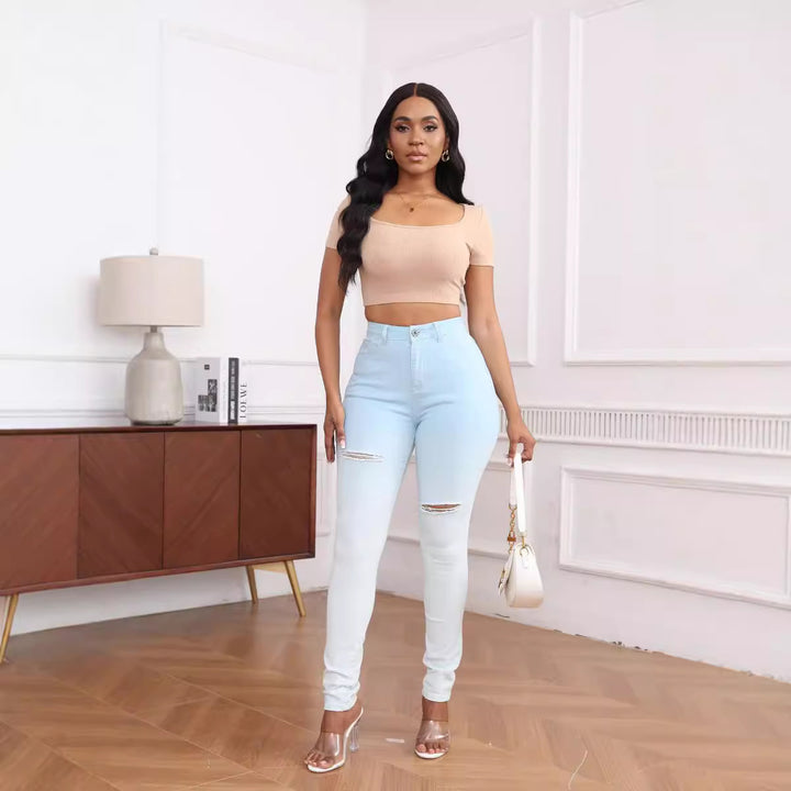 Jeans skinny pour femmes taille haute avec des détails de déchirure à la mode Lune London