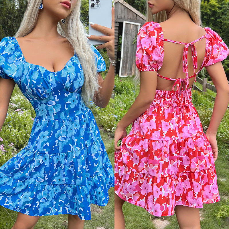 Floral printed mini dress with puff sleeves for women Lune London