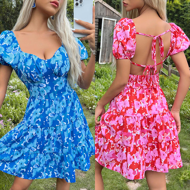 Floral printed mini dress with puff sleeves for women Lune London