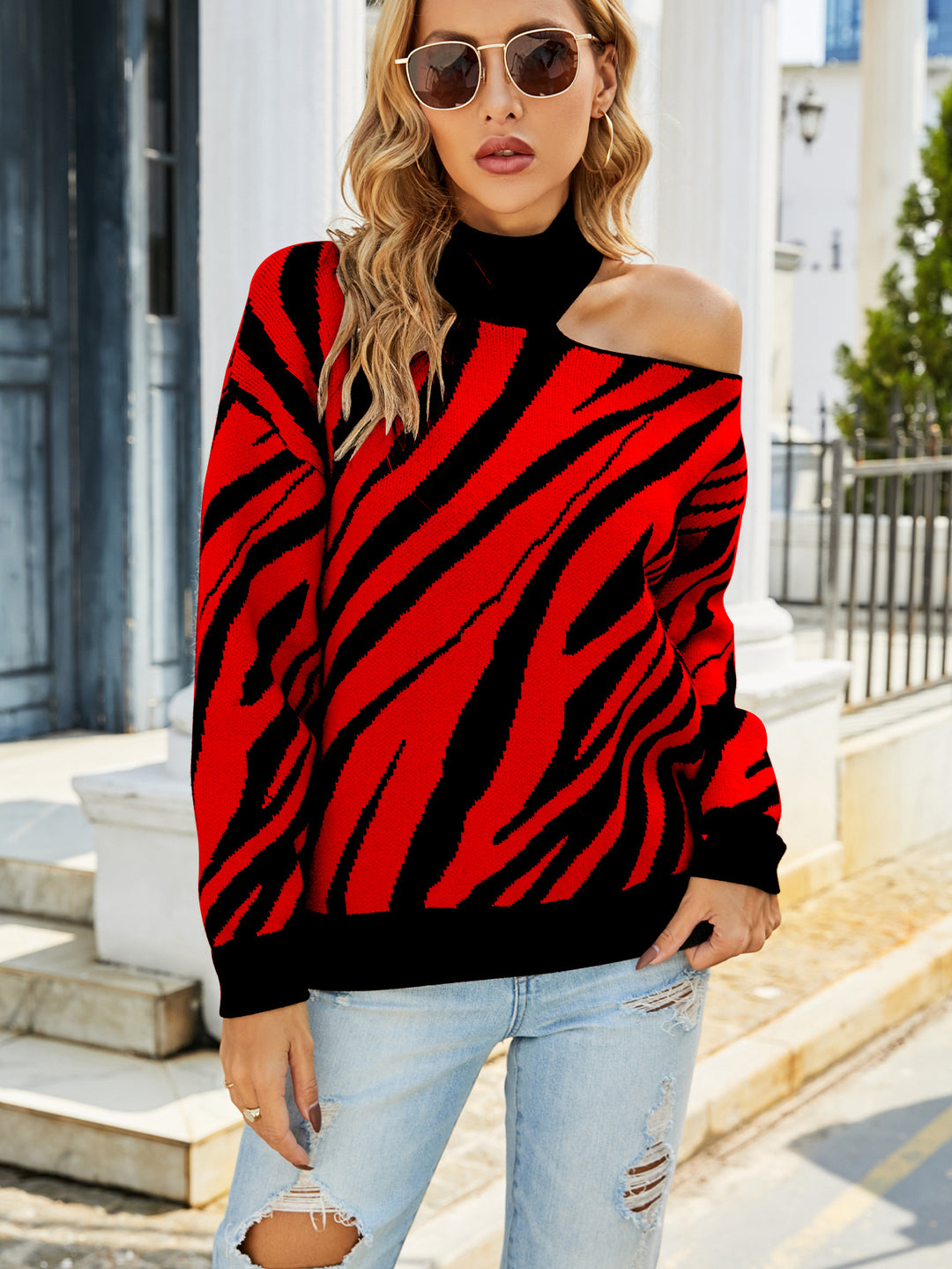 Women's patterned sweater with asymmetrical neckline and ribbed knit Lune London