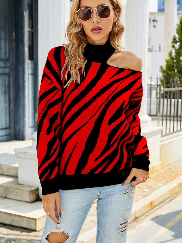 Women's patterned sweater with asymmetrical neckline and ribbed knit Lune London