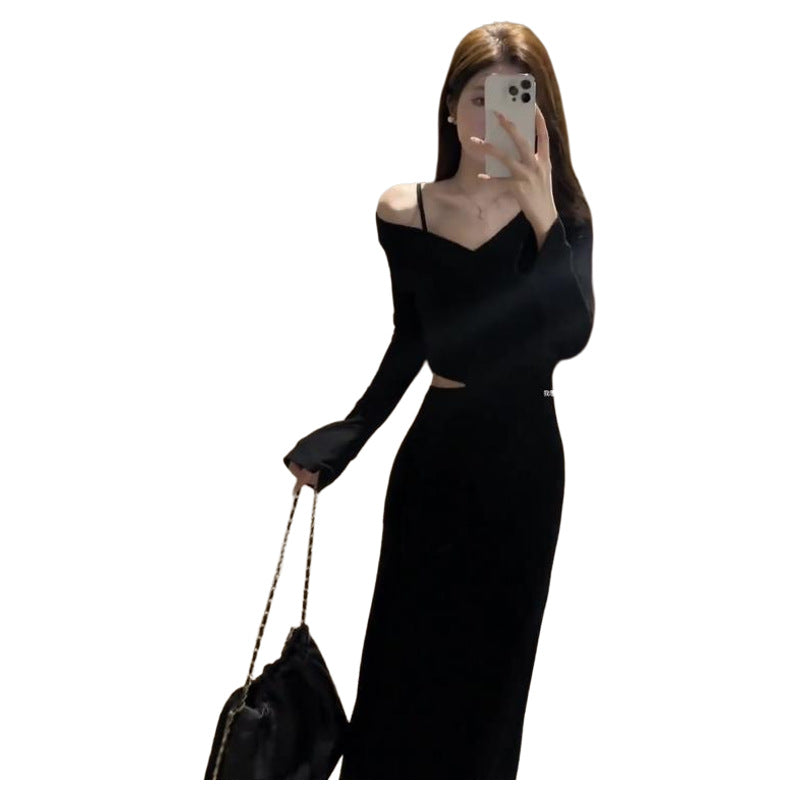 Women's elegant dress with asymmetric neckline and cut-out detail