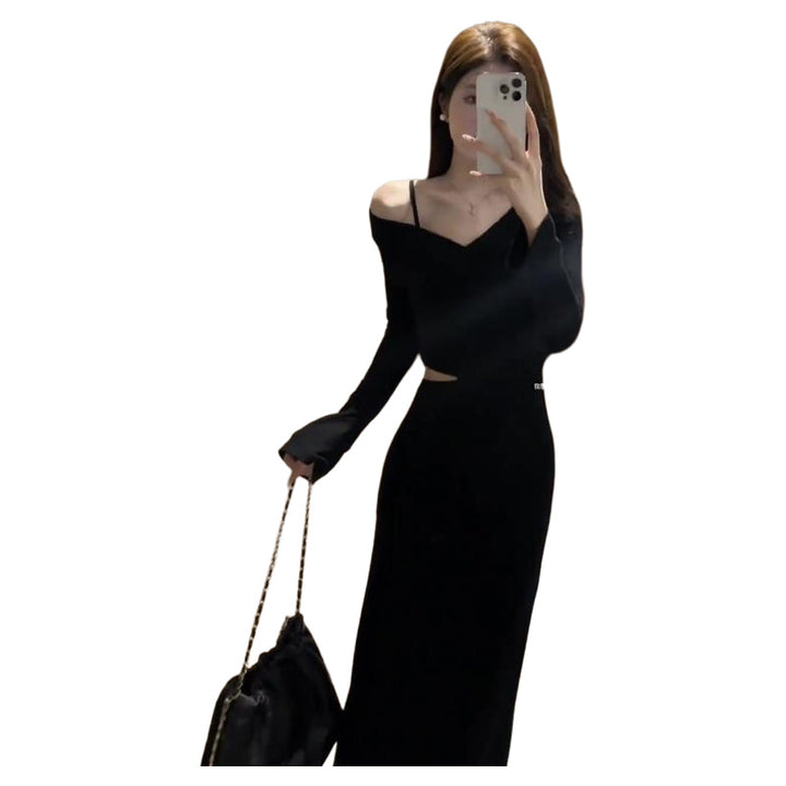 Women's elegant dress with asymmetric neckline and cut-out detail