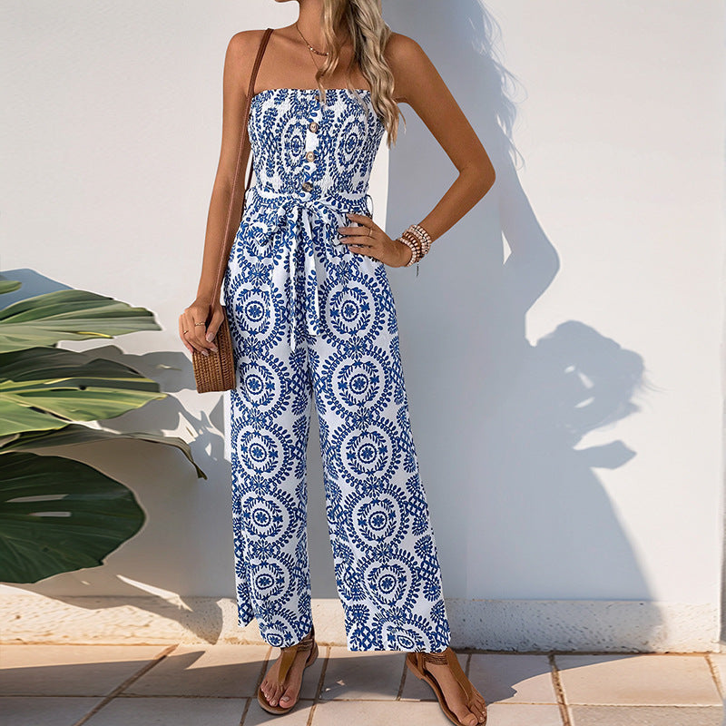 Sleeveless jumpsuit for women with wide legs and floral print Lune London