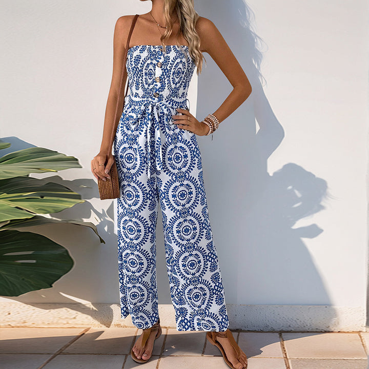 Sleeveless jumpsuit for women with wide legs and floral print Lune London