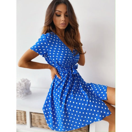 Chic and Stylish Women's Polka Dot A-Line Mini Dress with Tying Belt