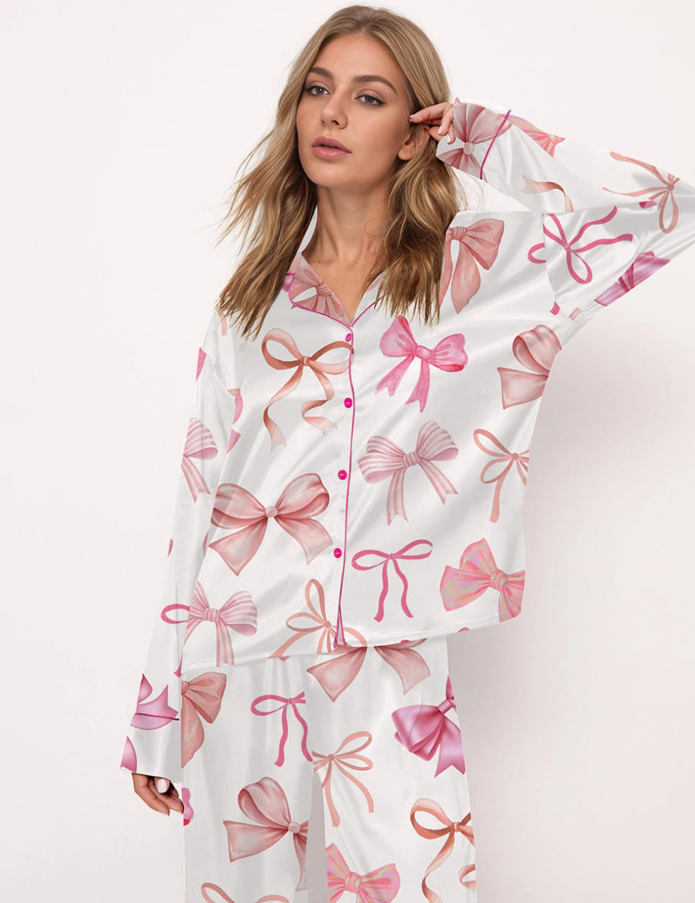 Women's Satin Pajama Set with Playful Bow Pattern Lune London