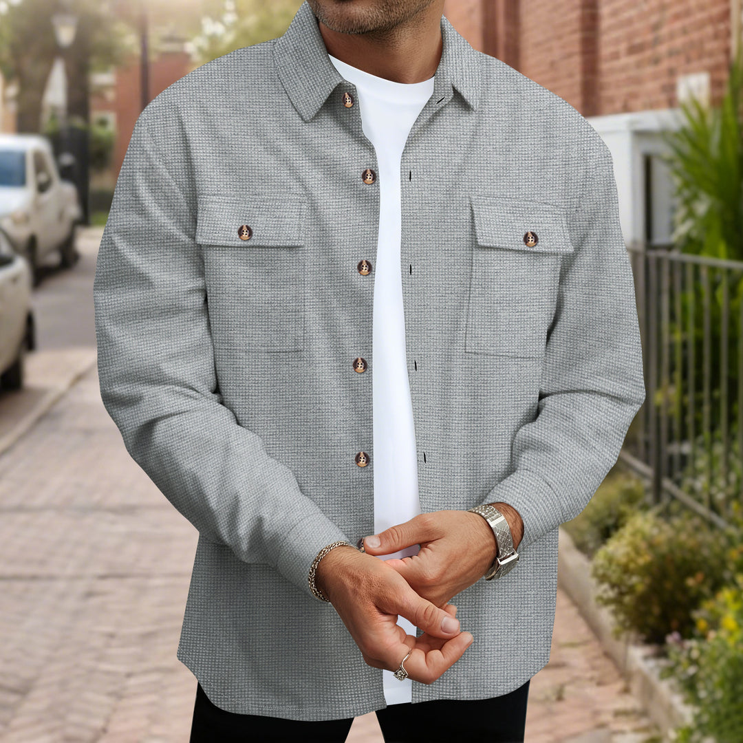 Casual plaid flannel jacket for men with practical chest pockets and Lune London fabric pattern