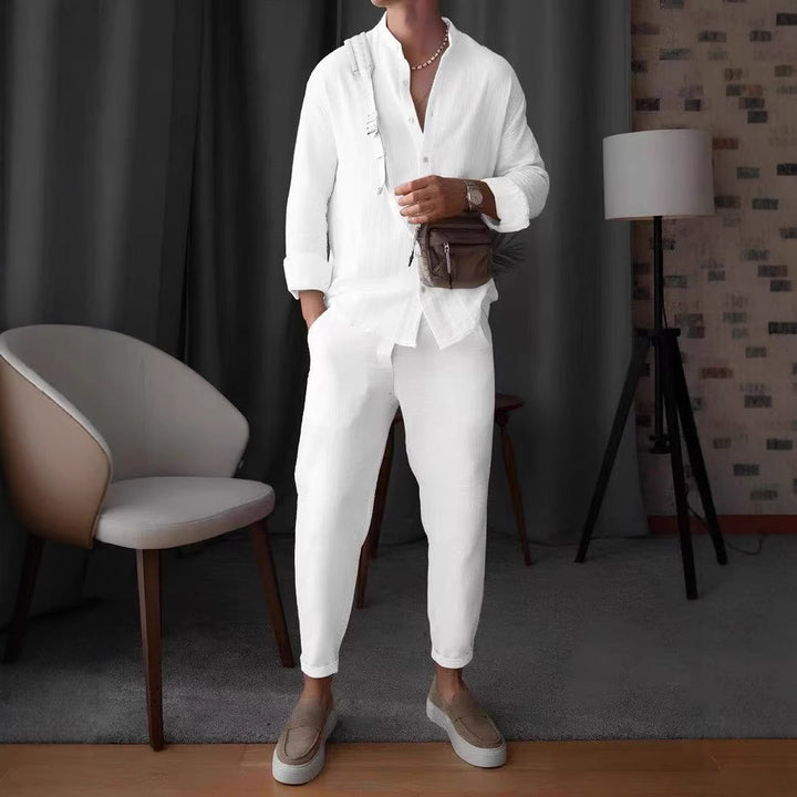 Elegant long-sleeve shirt for men with textured fabric and button placket Lune London