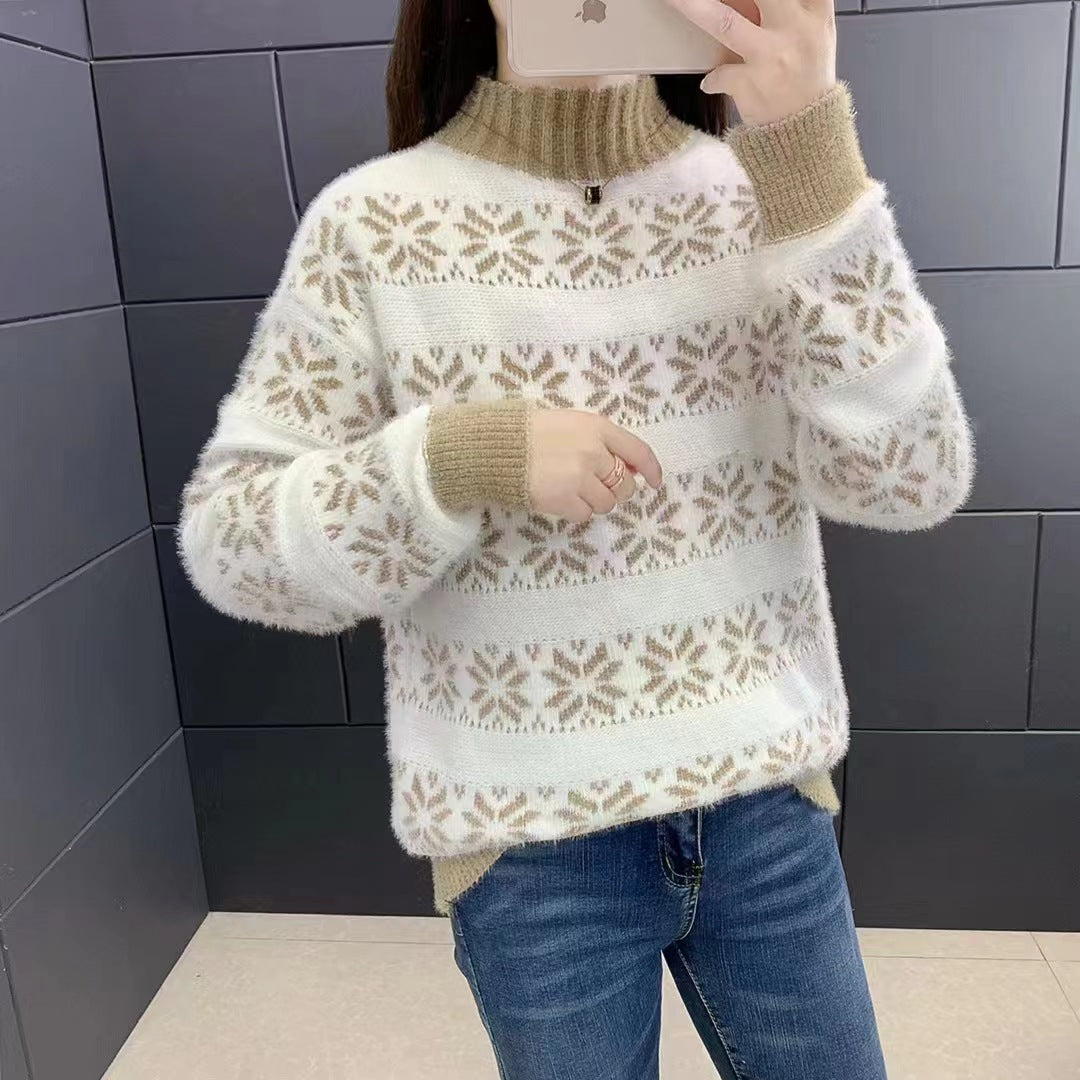 Knit sweater for women with a modern snowflake pattern and high collar Lune London