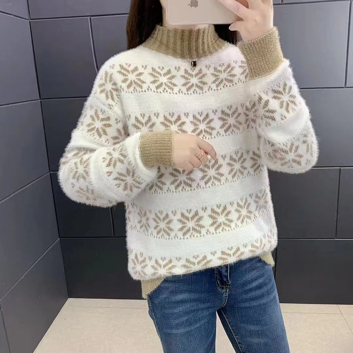 Knit sweater for women with a modern snowflake pattern and high collar Lune London