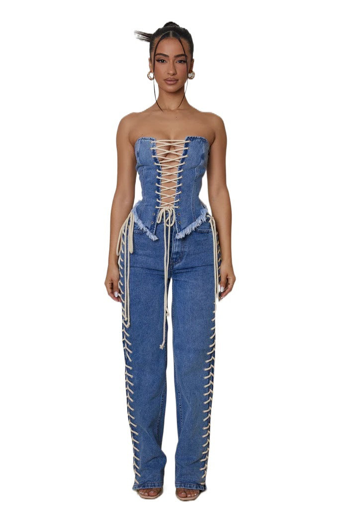Ladies corset top with casual denim pants and innovative lacing design Lune London