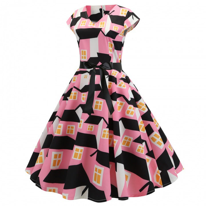 Robe swing femme avec imprimé maison et une ceinture étroite à la taille Chic & Stil
