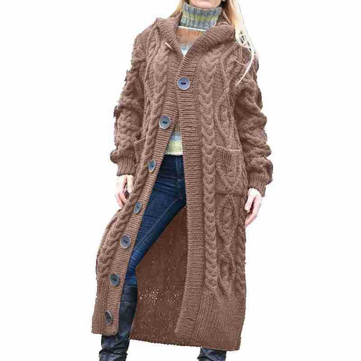 Chunky knit coat for women with hood and large buttons Lune London