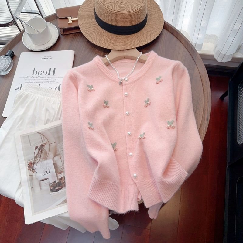 Knitted women’s jacket with floral design and pearl button details Lune London