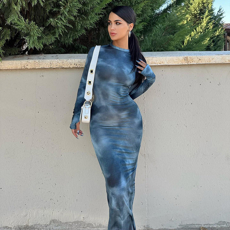 Ladies Elegant fitted maxi dress with long sleeves and refined draping Lune London