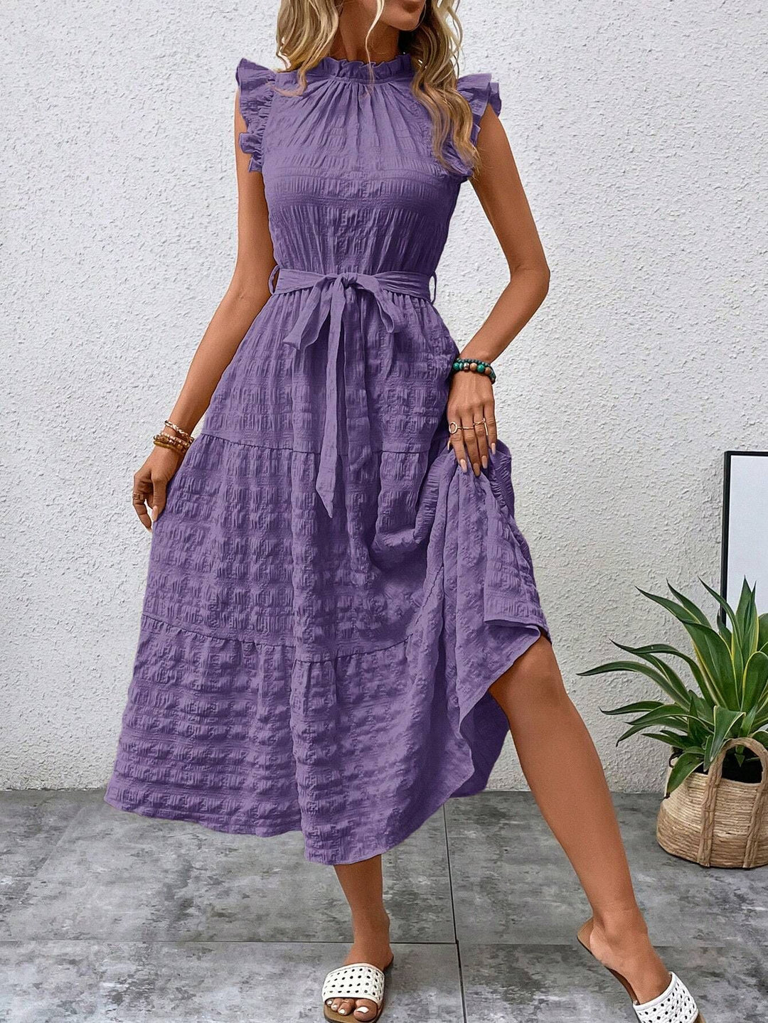 Midi dress for women with ruffled sleeves and belt at the waist Lune London