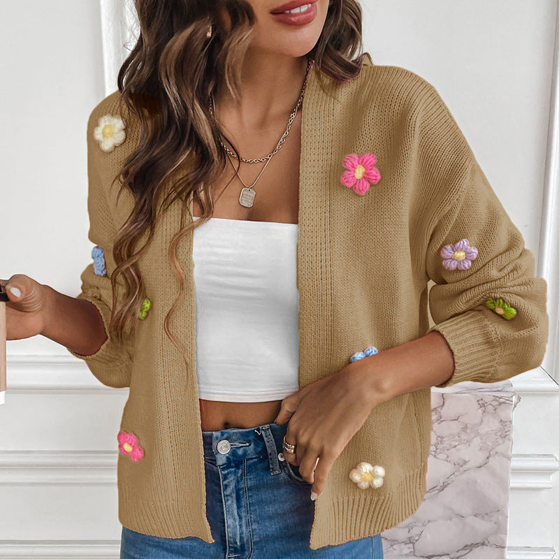 Ladies casual knitted cardigan with colorful flower appliqués Lune London