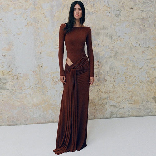 Elegant long sleeve maxi dress for women with refined draping Lune London