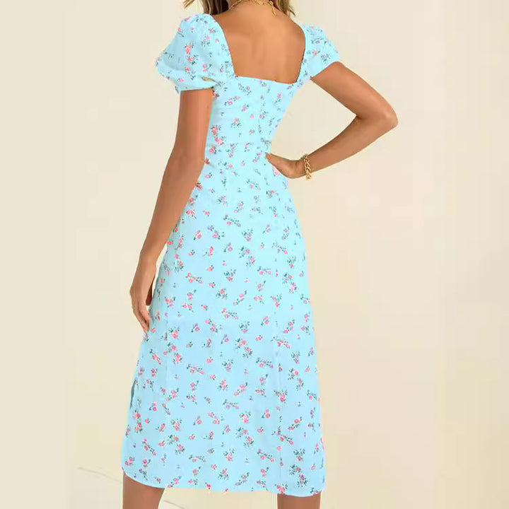 Midi floral dress for women with puff sleeves and side slit Lune London