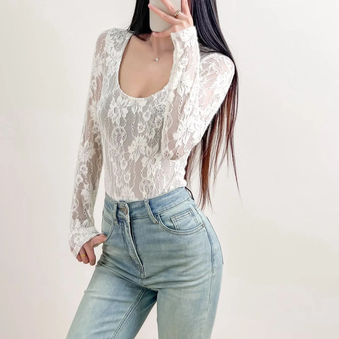 Women's crochet bodysuit with transparent lace pattern Lune London