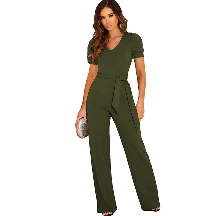 Elegant women's jumpsuit with waist belt and puff sleeves Lune London