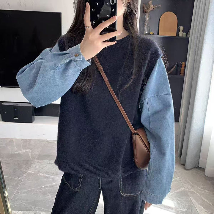 Pull en tricot pour femmes avec manches en denim Chic & Stil