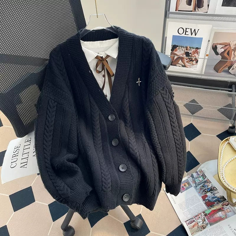 Ladies chunky knit cardigan with deep V-neckline and button details Lune London