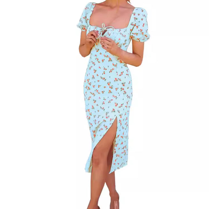 Midi floral dress for women with puff sleeves and side slit Lune London